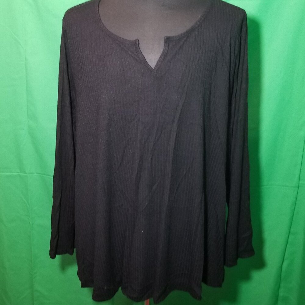 Lane Bryant Size 26/28 Women's Black Shirt Long Sleeve Ribbed V Neck Retro